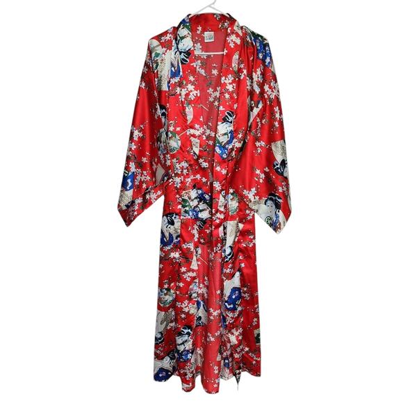 Lotus Japanese Floral Long Kimono Robe One Size Oriental Colorfull - Picture 1 of 7